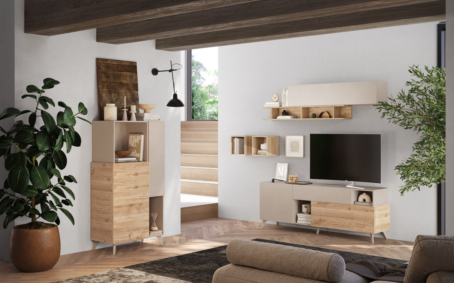 2 durvju vitrīna MONACO - Cashmere / Light Oak