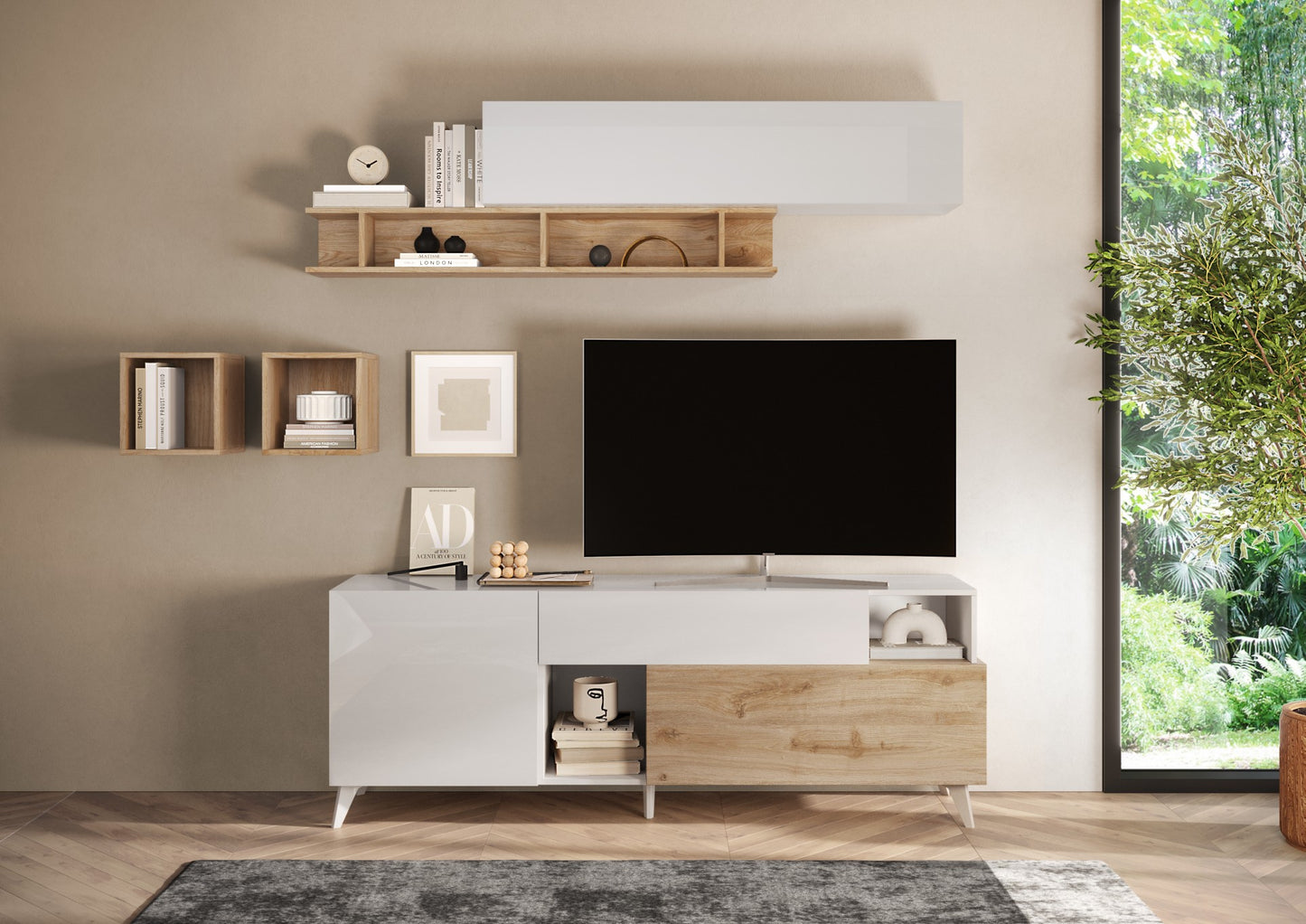 TV galds MONACO - White / Light Oak